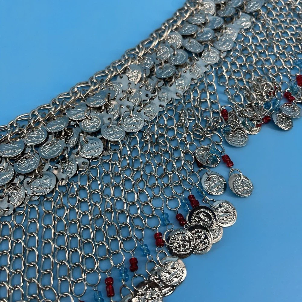 Vintage Belly Dance Hip Scarf Silver Tone Chain Mesh Red Blue Beaded Fringe